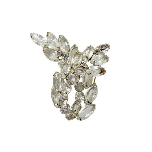 Vintage Silver Tone Open Back Clear Rhinestones Swirl Leaf Brooch - Picture 1 of 5